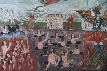 Jüngstes Gericht illustriert von barocken Mestizo-Fresken aus dem 17. Jahrhundert im Kirchenschiff der Santiago De Curahuara De Carangas Kirche, der Sixtinischen Kapelle der Anden, Curahuara De Carangas, Oruro, Bolivien